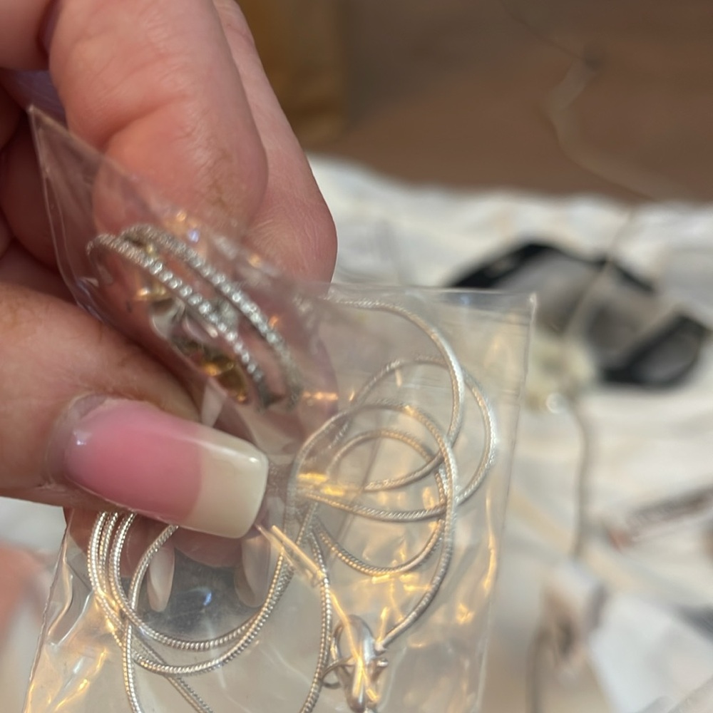 Elegant Sterling Silver Tiny Diamond Earrings And Box Chain.